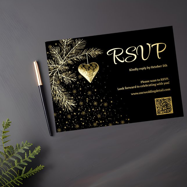 Black and Gold Christmas Wedding QR code RSVP Foil Holiday Card (Creator Uploaded)