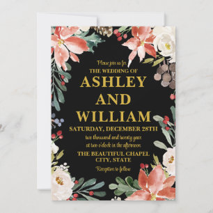 Black and Gold Christmas Winter Greenery Wedding Invitation