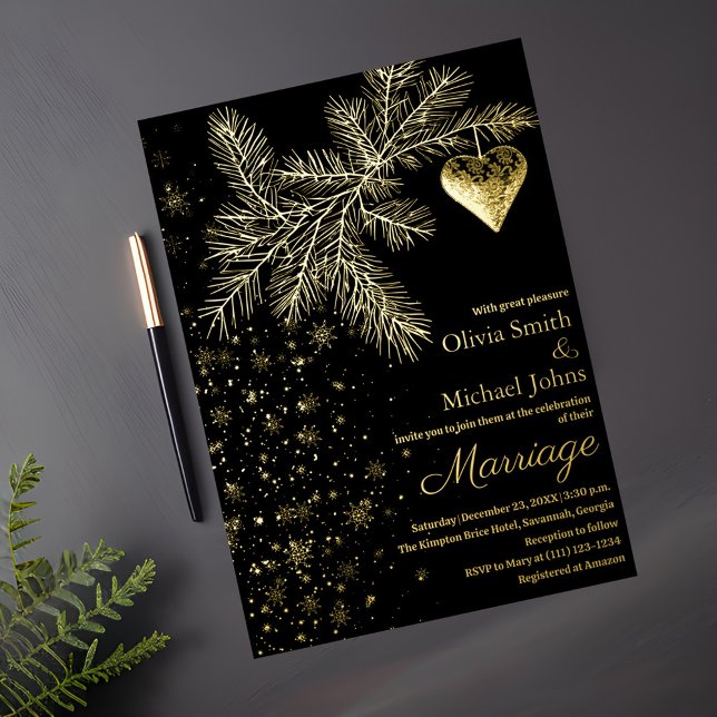 Black and Gold Christmas Winter Wedding Invitation (Creator Uploaded)