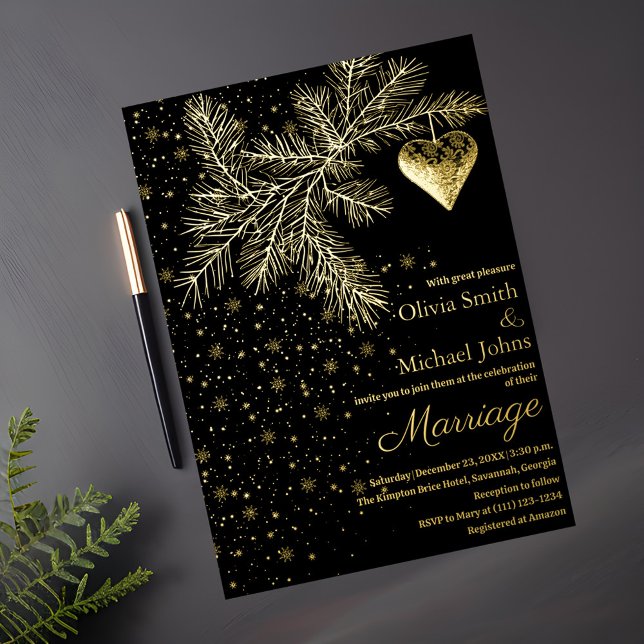 Black and Gold Christmas Winter Wedding Invitation (Creator Uploaded)