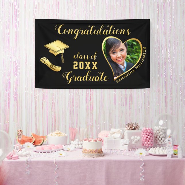 Black and Gold Class of 2025 Grad Photo Graduation Banner (Party)