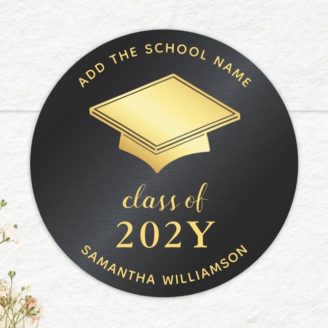 Black and Gold Class of 2025 Graduate Graduation Classic Round Sticker (Creator Uploaded)
