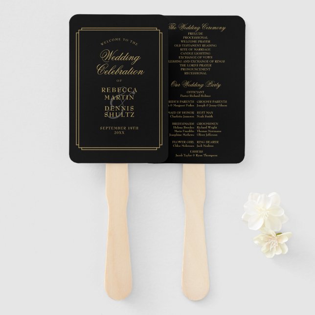 Black And Gold Classic Art Deco Wedding Program Hand Fan (Front and Back)