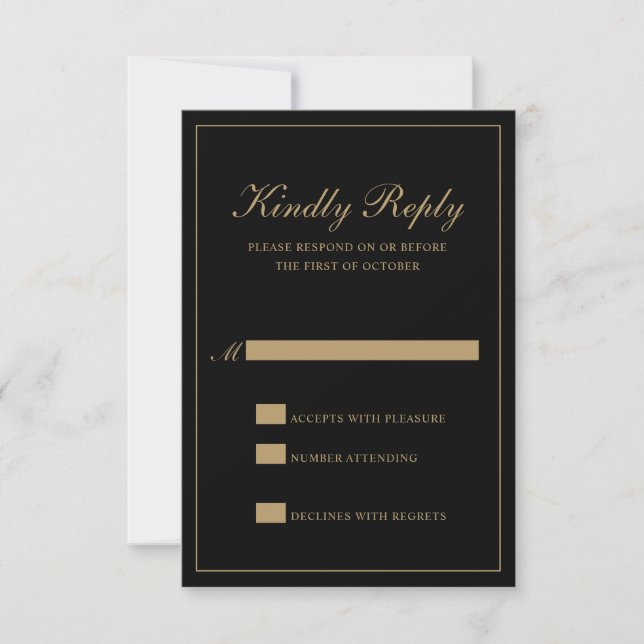 Black and Gold Classic Elegant Wedding RSVP Card (Front)