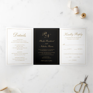 Black and Gold Classic Elegant Wedding Tri-Fold Invitation