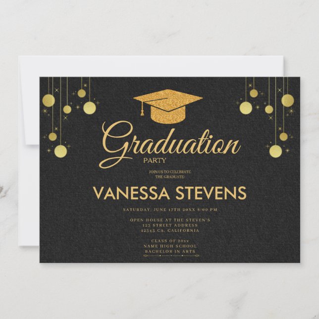 Black And Gold Classic Graduation Cap Party  Invitation (Front)