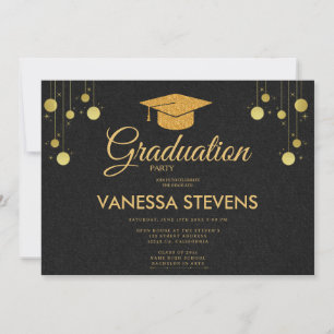 Black And Gold Classic Graduation Cap Party  Invitation