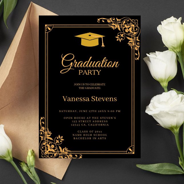 Black And Gold Classic Graduation Cap Party  Invitation (Creator Uploaded)