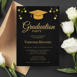 Black And Gold Classic Graduation Cap Party  Invitation