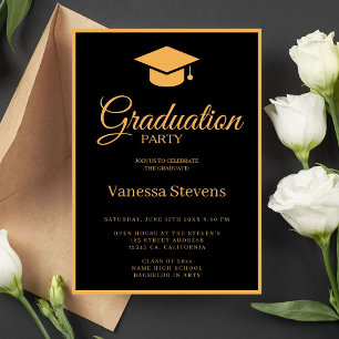 Black And Gold Classic Graduation Cap Party  Invitation