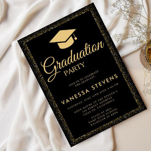 Black And Gold Classic Graduation Cap Party  Invitation