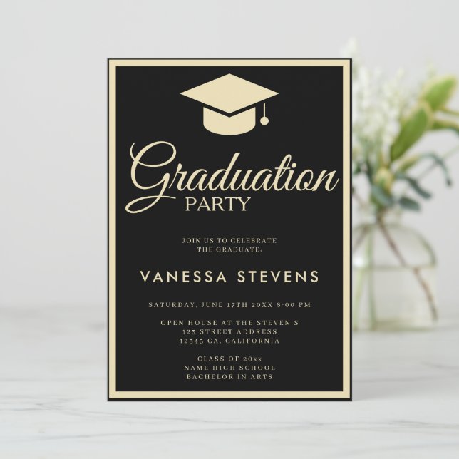 Black And Gold Classic Graduation Cap Party  Invitation (Standing Front)