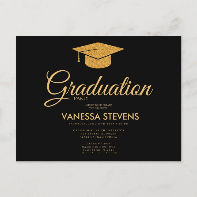 Black And Gold Classic Graduation Cap Party  Invitation Postcard (Front)