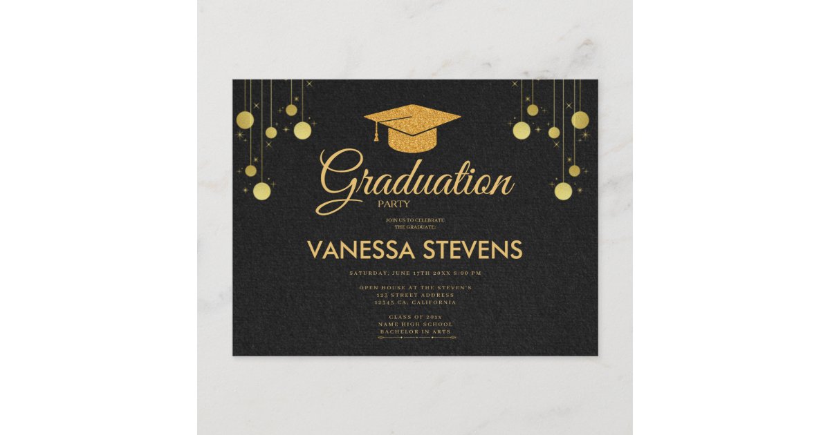 Black And Gold Classic Graduation Cap Party Invitation Postcard | Zazzle