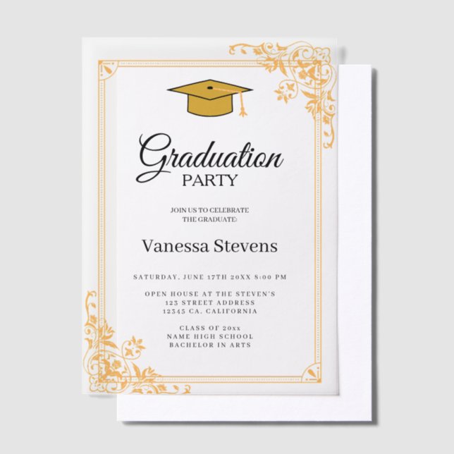 Black And Gold Classic Graduation Cap Party  Vellum Invitations