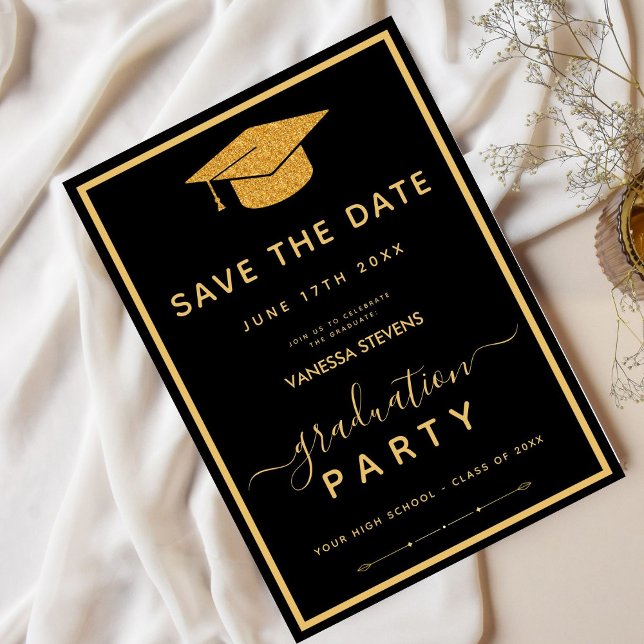 Black And Gold Classic Graduation Save the Date Invitation (Creator Uploaded)