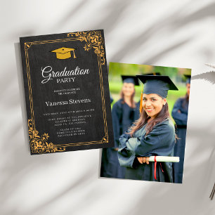 Black And Gold Classic Photo Graduation Invitation