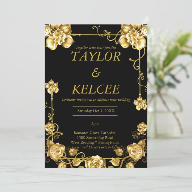 Black and Gold Classy CUSTOMIZABLE Wedding Invitation (Standing Front)