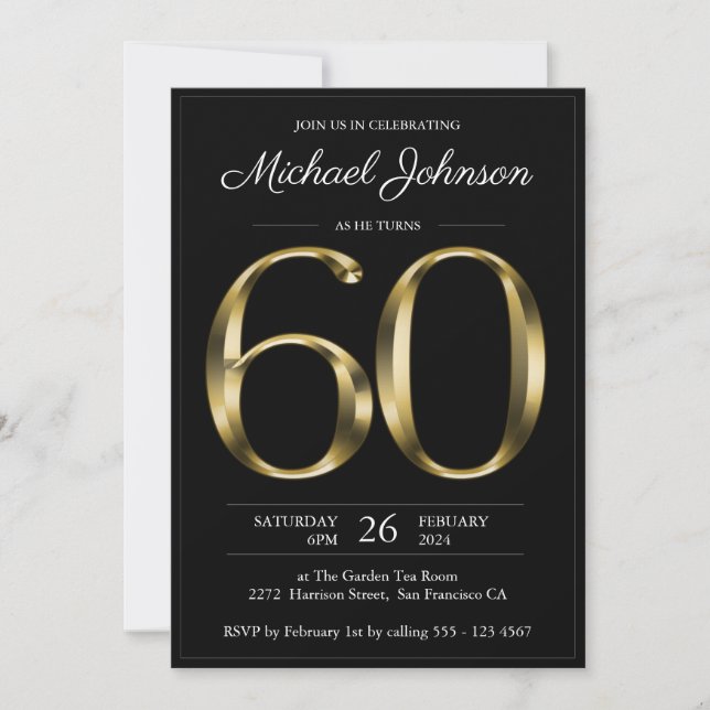 Black and Gold Classy Typography 60th Birthday  Invitation (Front)