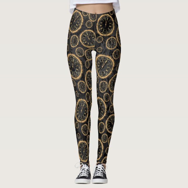 Black and Gold Clock Design Leggins Leggings (Front)