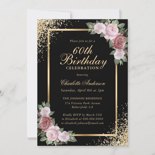 Black and Gold Confetti Blush Floral 60th Birthday Invitation (Front)