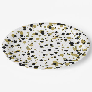 Black and Gold Confetti Dot Pattern Modern Simple Paper Plate