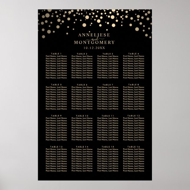 Black and Gold Confetti Dots  16 Seating Chart (Front)
