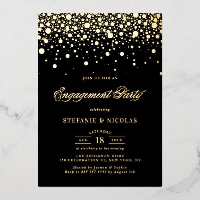 Black and Gold Confetti Dots Engagement Party (Front)