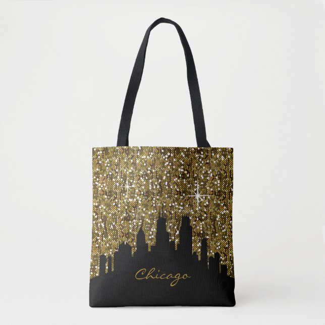 Black and Gold Confetti Glitter Chicago Skyline Tote Bag (Front)