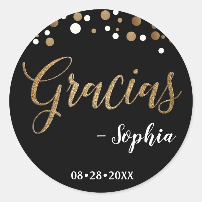Black and Gold Confetti Gracias Thank You birthday Classic Round Sticker (Front)