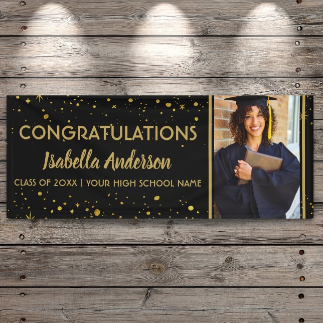 Black And Gold Confetti Grad Photo Graduation 2025 Banner (Creator Uploaded)