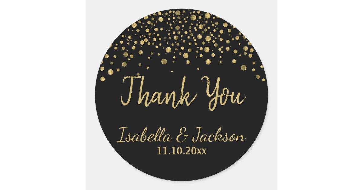 Black and Gold Confetti Thank You Design Classic Round Sticker | Zazzle
