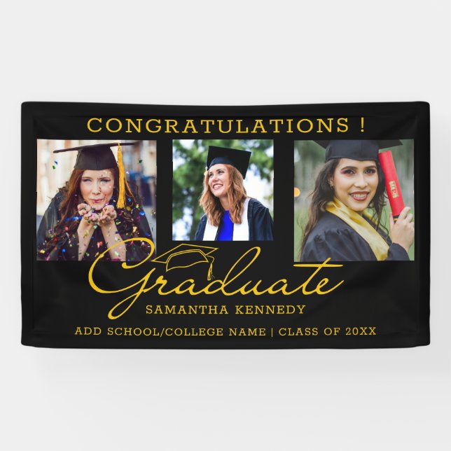 Black And Gold Congrats Graduate 3 Photo Collage Banner (Horizontal)