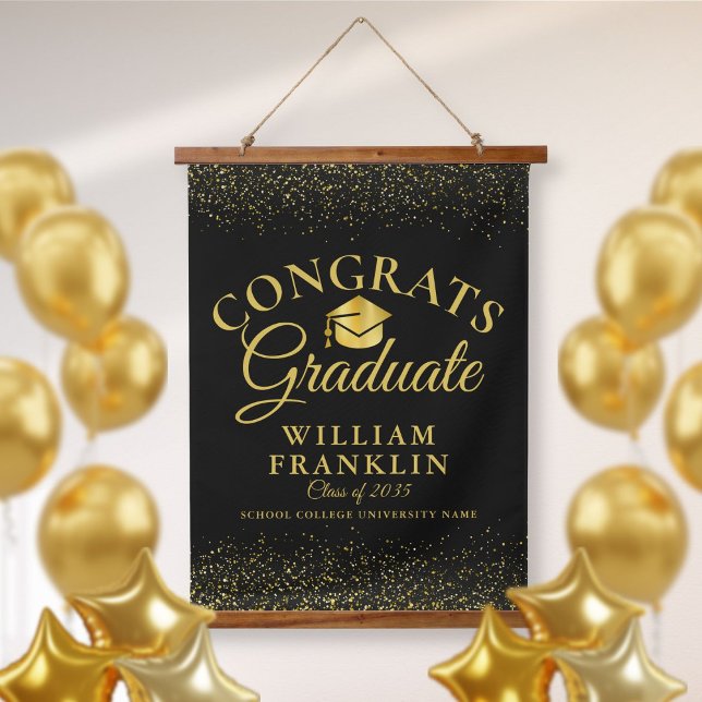 Black And Gold Congrats Graduate Graduation Hanging Tapestry (Creator Uploaded)