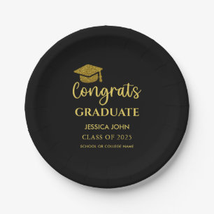 Black and Gold Congrats Graduate Graduation Paper Plate
