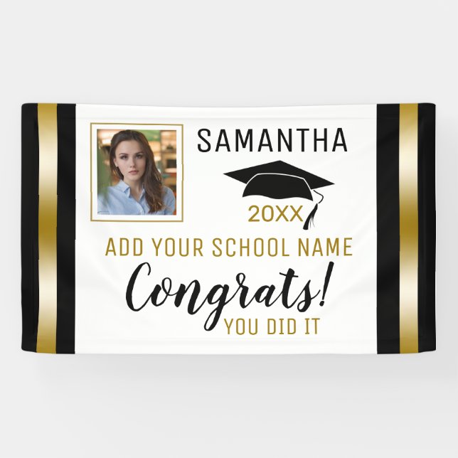 Black And Gold Congrats Graduate Photo Graduation Banner (Horizontal)