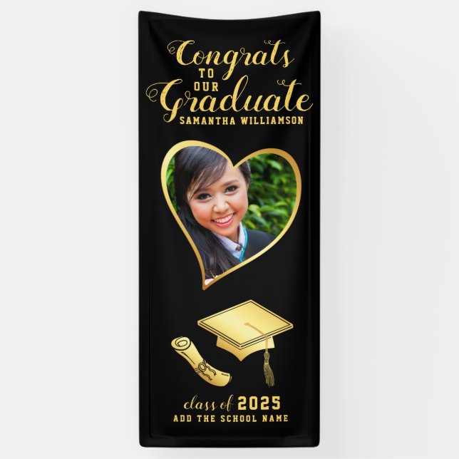 Black and Gold Congrats Graduate Photo Graduation Banner (Vertical)