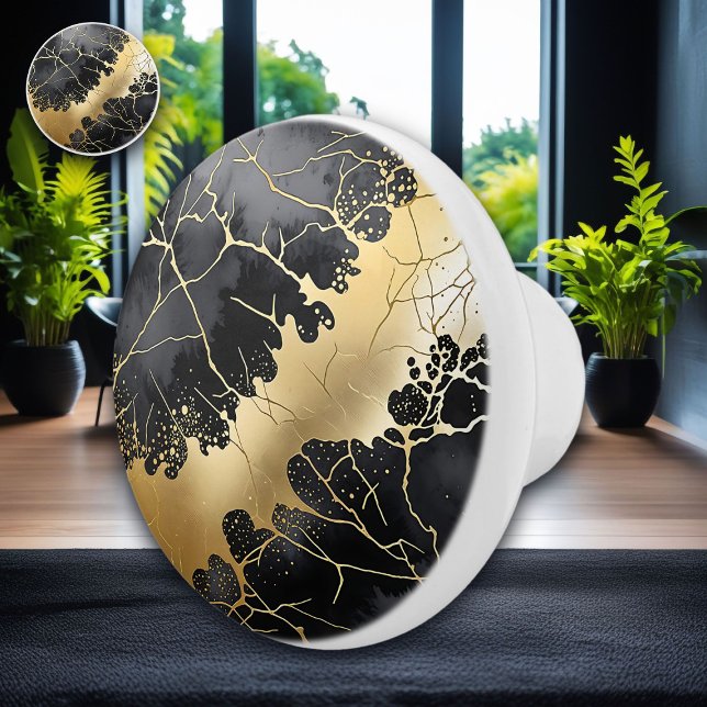 Black and Gold Crackle Watercolor Abstract  Ceramic Knob (Creator Uploaded)