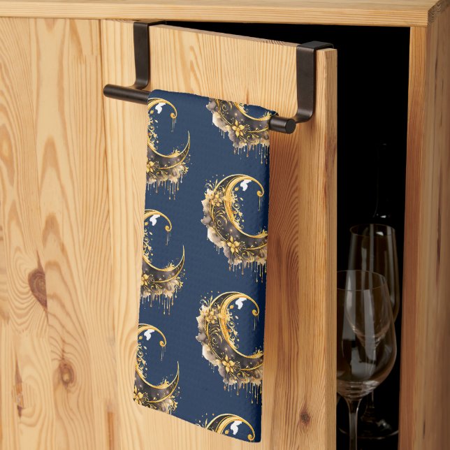 Black and Gold Crescent Moon Pattern Halloween Tea Towel (Thirds Fold)
