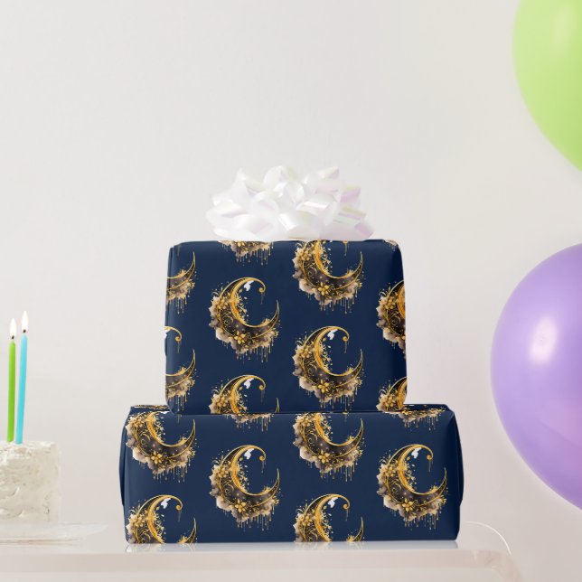 Black and Gold Crescent Moon Pattern Halloween Wrapping Paper (Party Gifts)