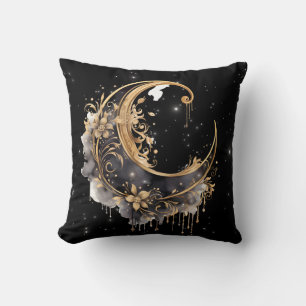 Black and Gold Crescent Moon Starry Halloween Cushion