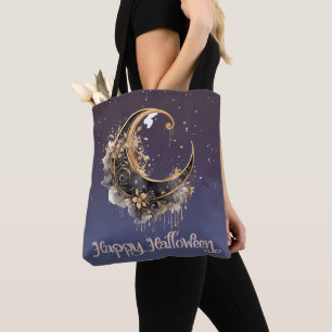 Black and Gold Crescent Moon Starry Halloween Tote Bag