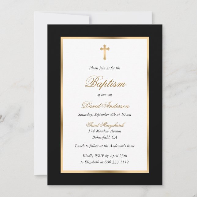 Black and Gold Cross Elegant Script Baptism Invitation (Front)