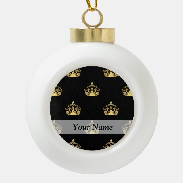 Black and gold crown pattern ceramic ball christmas ornament (Front)
