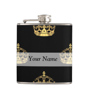Black and gold crown pattern hip flask