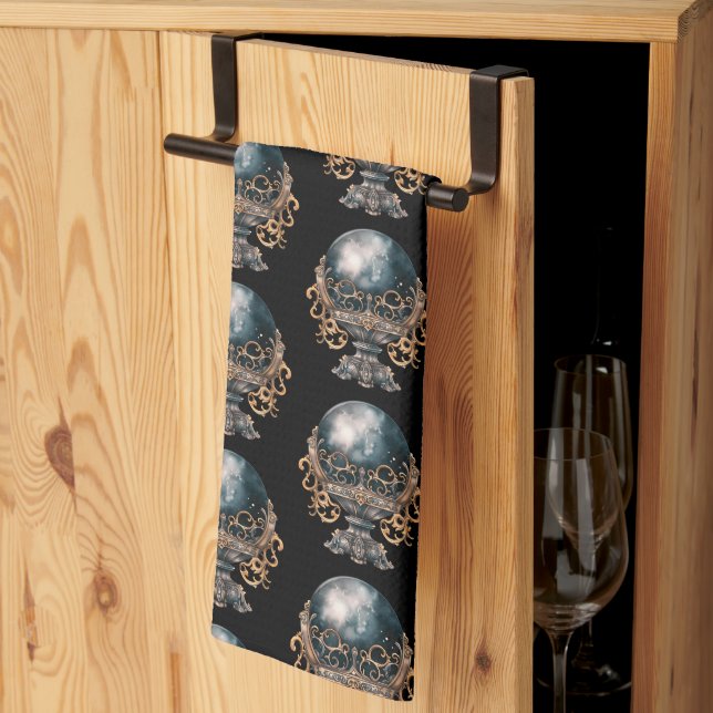 Black and Gold Crystal Ball Pattern Halloween Tea Towel (Thirds Fold)