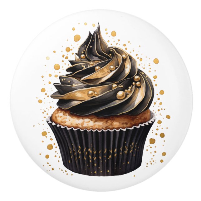Black and Gold Cupcakes Ceramic Knobs (Front)