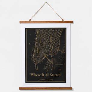 Black and Gold Custom City Map Hanging Canvas Wall Tapestry