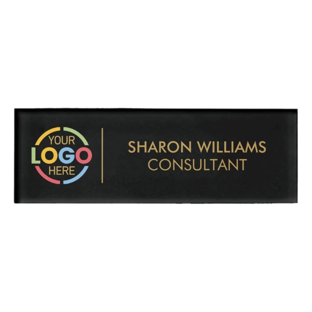 Black and Gold Custom Company Logo Employee Staff Name Tag (Front)