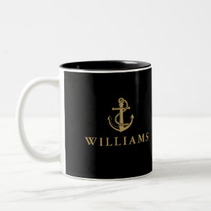 Black And Gold Custom Name Nautical Boat Anchor Two-Tone Coffee Mug
